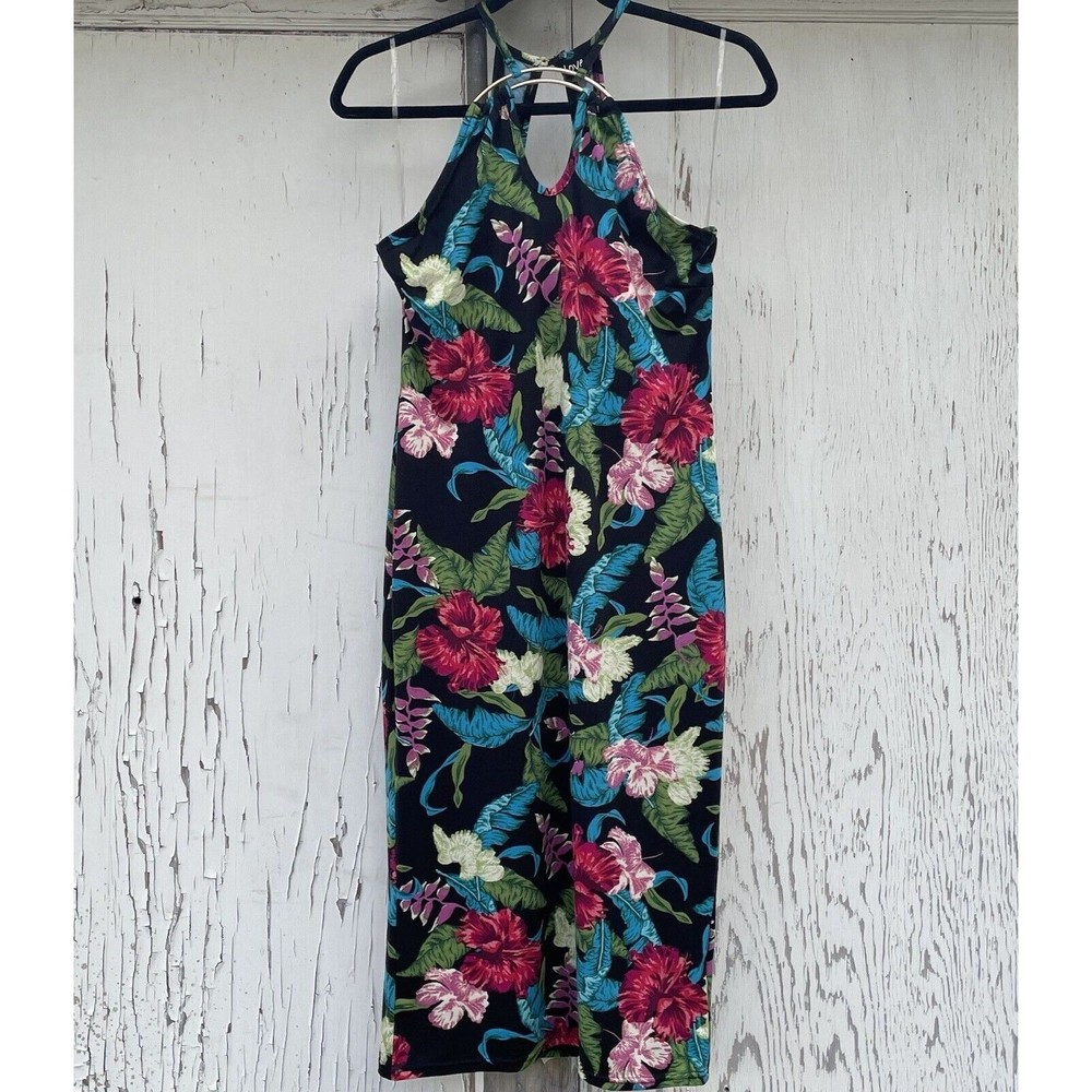 Love Bodycon Mini Dress Women’s Medium Black Floral Gold Neck Halter Straps